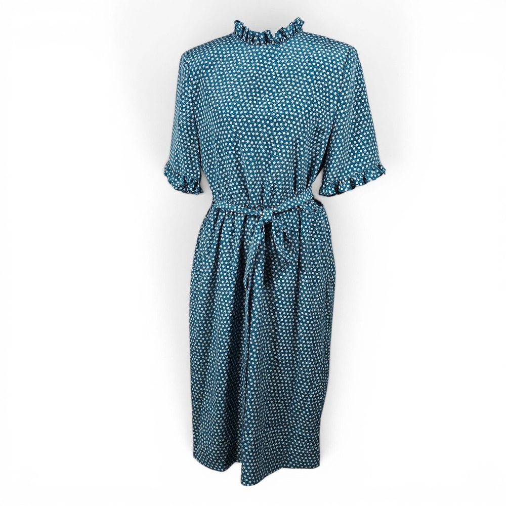 Ciao‎ Ltd Vintage Teal Polka Dot Midi Dress Ruffle High Neck Short Sleeve Retro